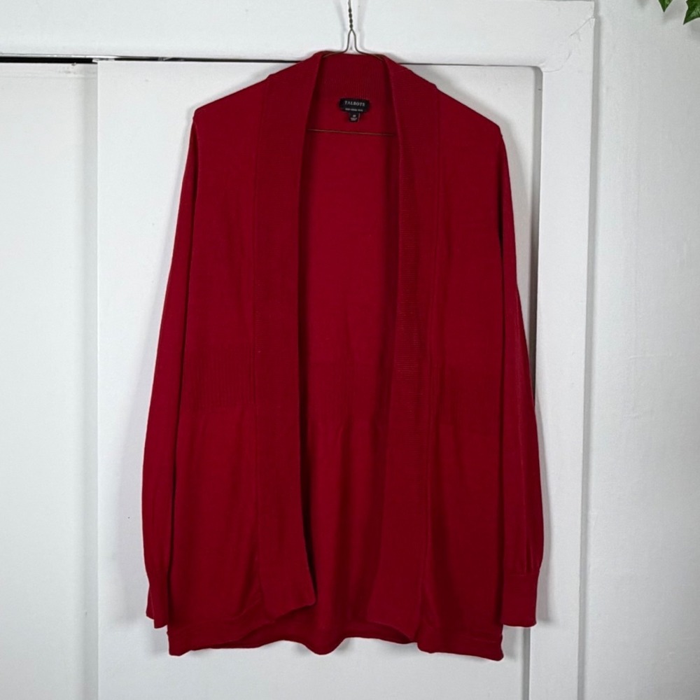 Talbots Red Pure Merino Wool Open Front Cardigan Sweater Shawl Collar Womens M